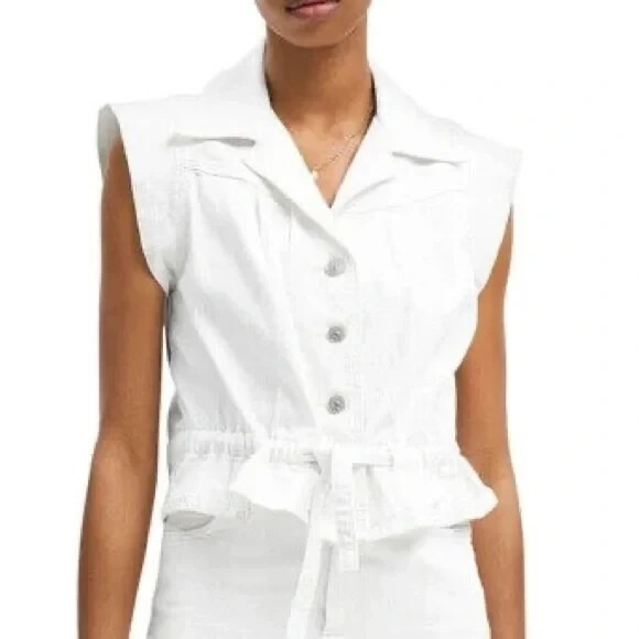 7 For All Mankind White Button Front Utility Top S Collared Drawstring - Picture 1 of 8
